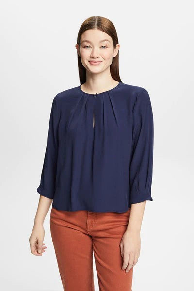 Keyhole Navy Crepe blouse