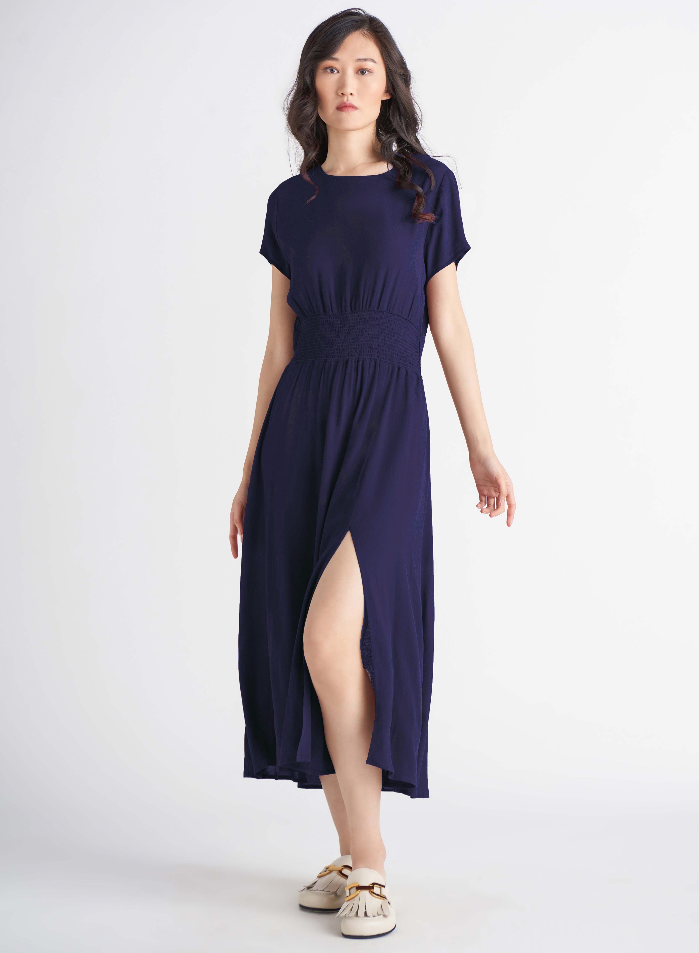 Smocked Waist Dress - DARK NAVY